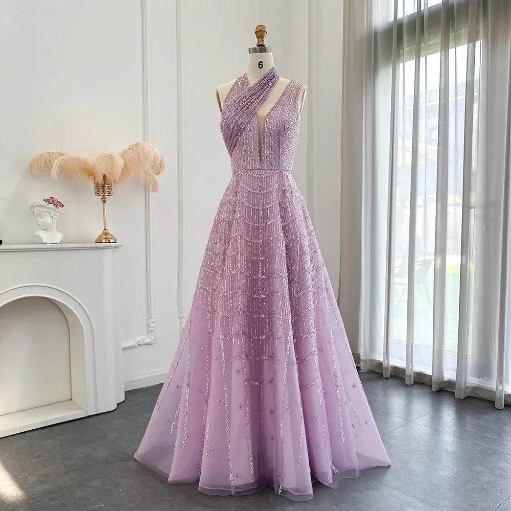 Sharon Said Luxury Beaded Dubai Lilac Evening Dresses for Women Wedding Party Long Arabic Prom Formal Gowns SS329 Customized