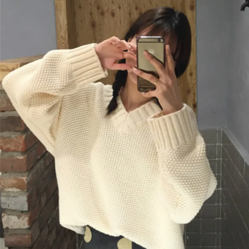 Pullover da donna con scollo a V maglieria Harajuku semplice maglione a maniche lunghe autunnale giapponese caldo chic alla moda femminile