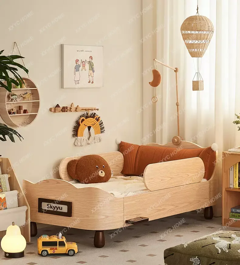 solid wood children's bed Montessori with guardrail small   baby splicing big bed girl princess  boy single