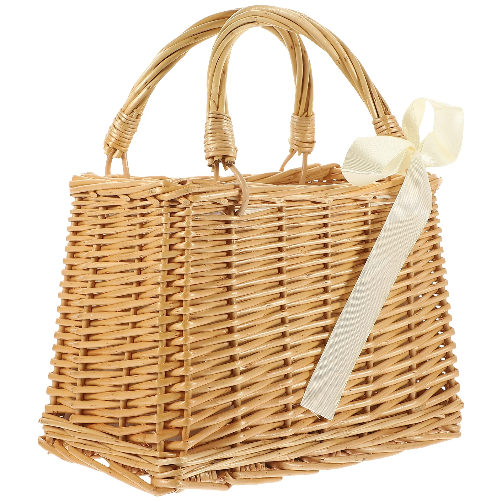 

Wicker Hand Basket Tote Bag Small Rattan Flower Handle Storage Bridal Light Brown Woven Handmade Natural Material