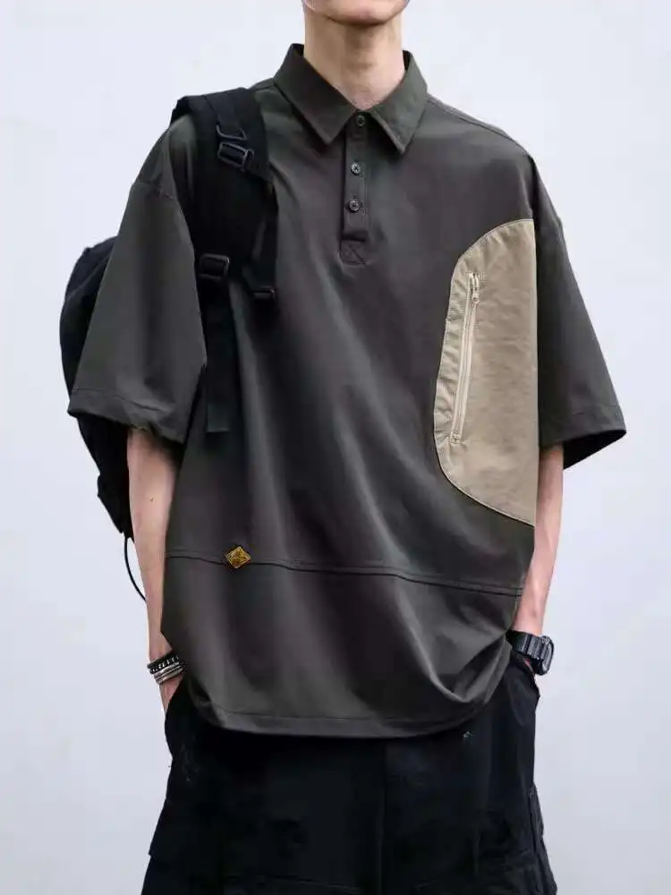 Composite Color Blocked Short Sleeved Shirt For Men's Summer New Item, Pocket Zipper Loose Pullover Shirt T-shirt