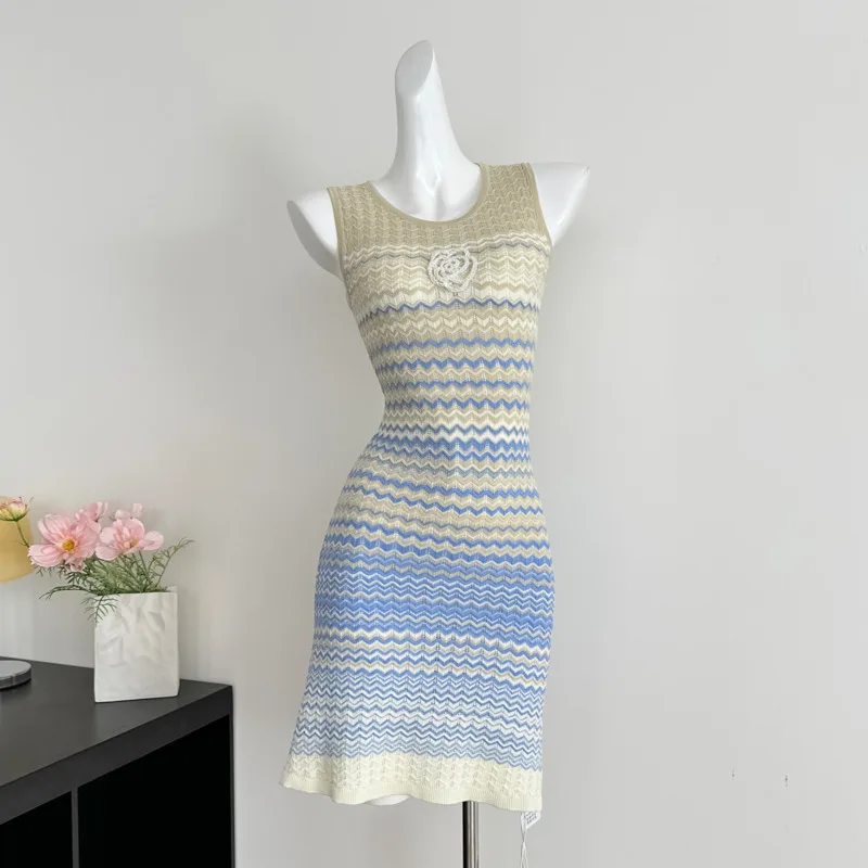 ผู้หญิงฤดูร้อนลายชุดยาวลําลอง Sundress แขนกุด Ribbed ถักเสื้อกันหนาวชุดชายหาดชุด 2025 Vestidos