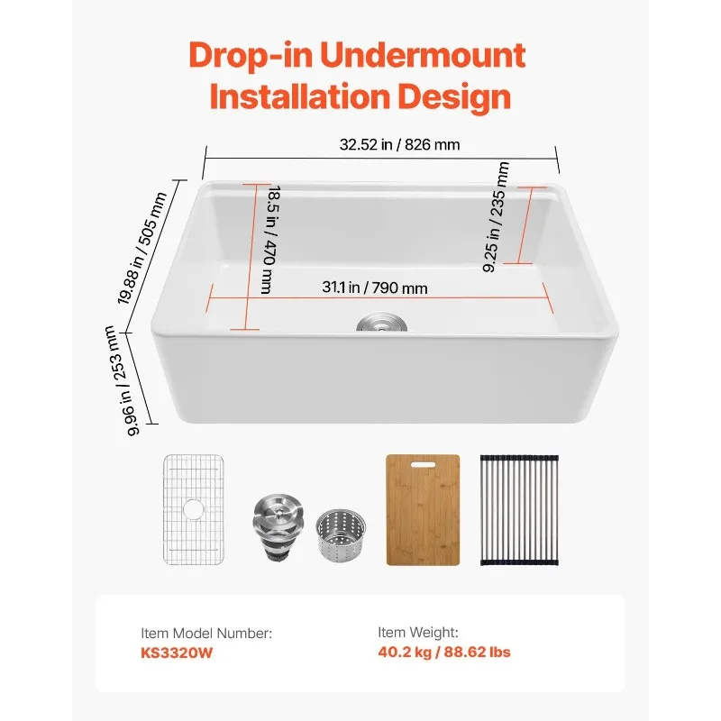 Wastafel dapur single bowl model farmhouse ukuran 32,5x20 inci, terpasang di bawah meja, warna putih fireclay