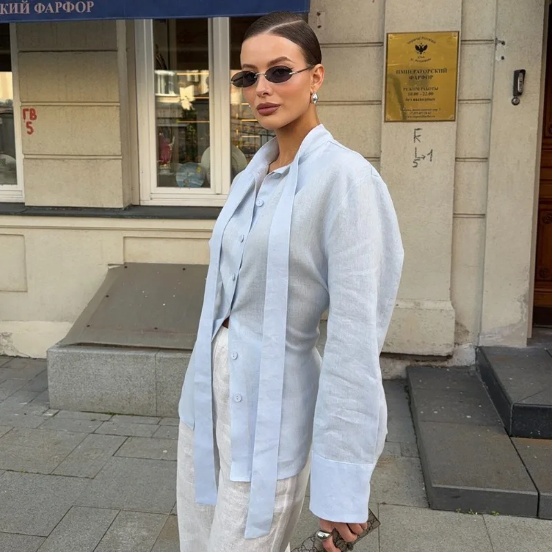 بلوزات نسائية عصرية من Talenza للخريف قميص بشريط رفيع ورباط علوي سترة جديدة عالية الشارع بلوزات نسائية أنيقة غير رسمية