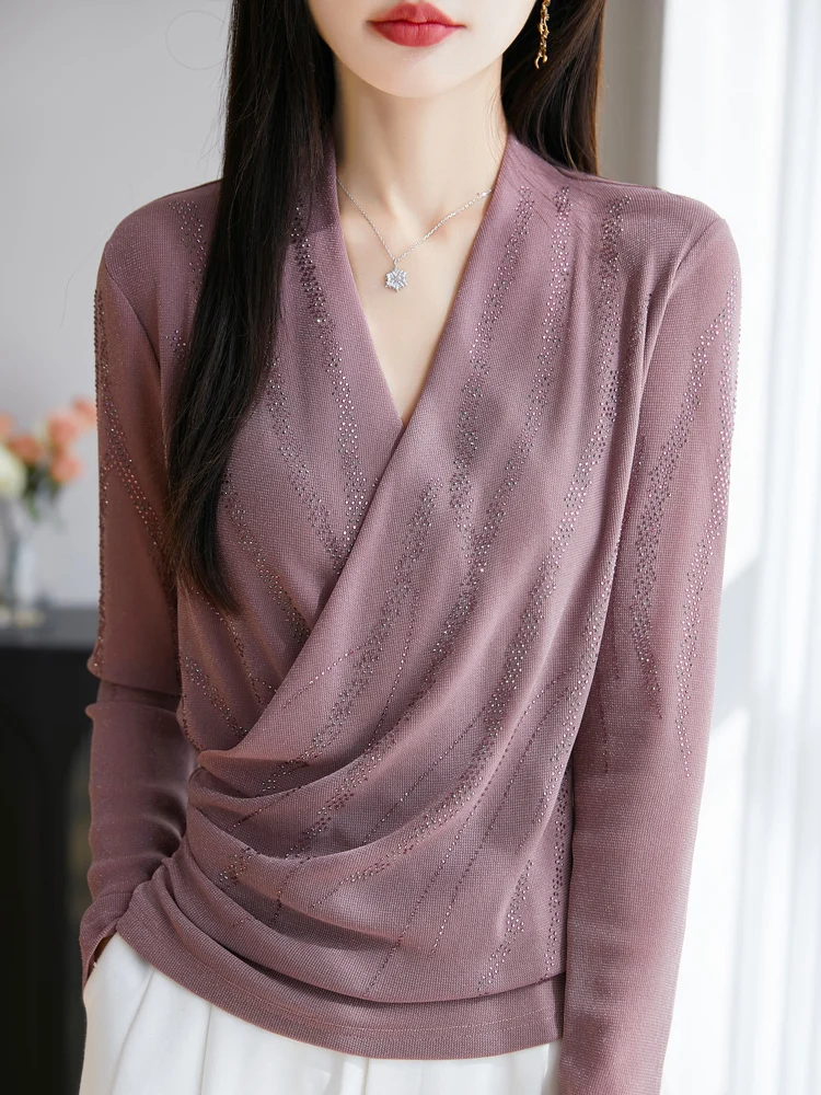 

Women's Long Sleeved Cross Neck Soft Silky Casual Fashion Spring Autumn Diamond Studded Mesh Chiffon Top
