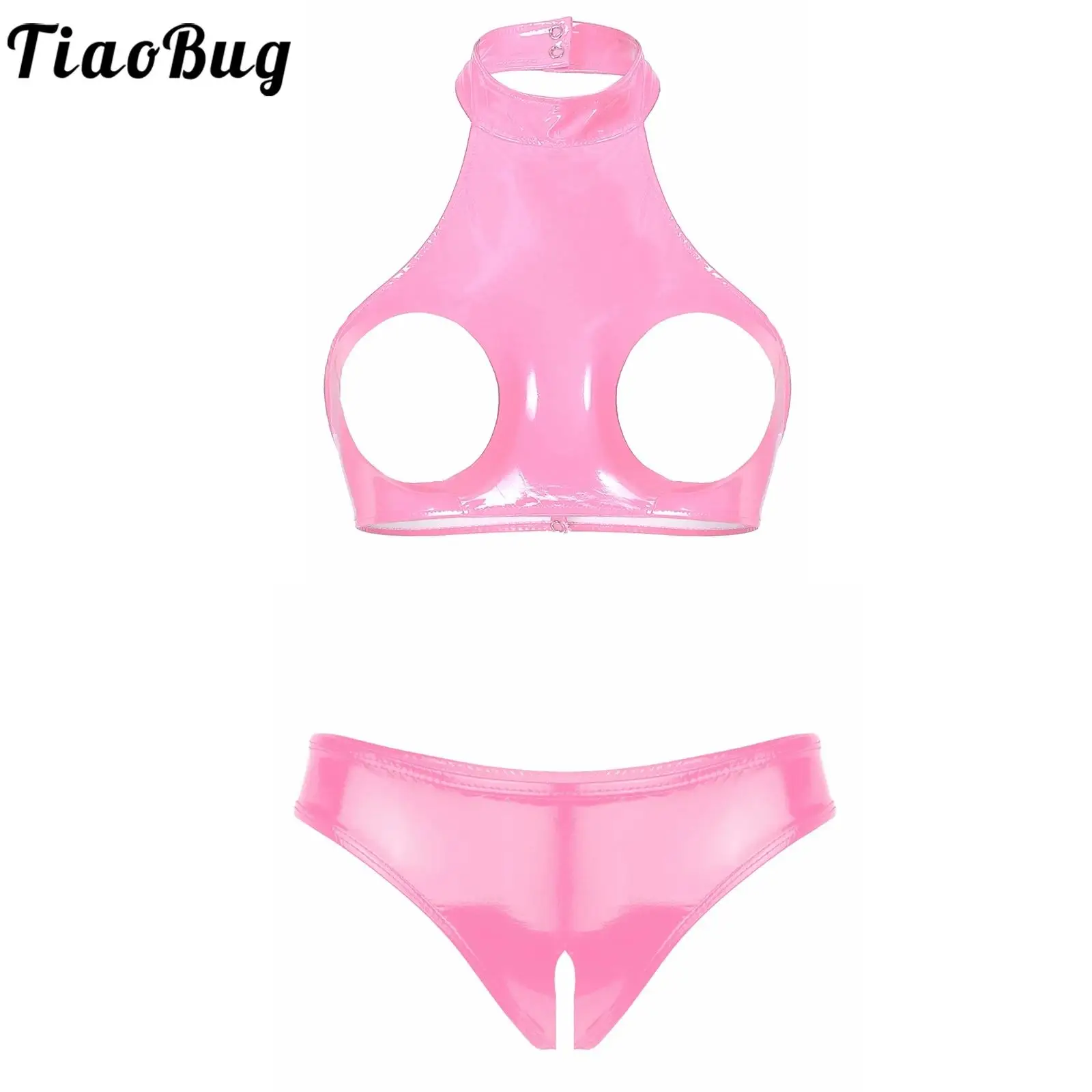 

Womens Sexy Cutout Chest Lingerie Set Patent Leather Underwear Suit Open Cups Bra with Crotchless Thong Brief Swimsuit Clubwear