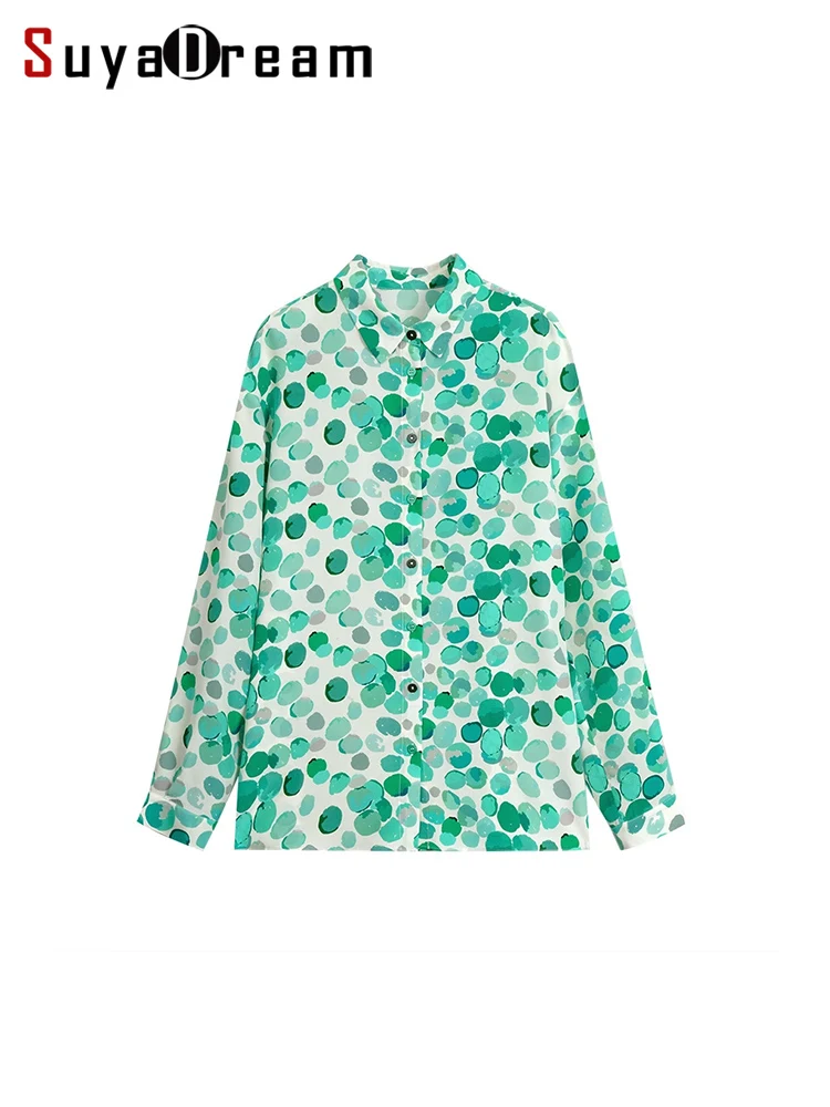 

SuyaDream Woman Printed Shirts, 100%Silk Crepe, Turn Down Collar Green Blouses, 2024 Spring Summer Office Lady Top