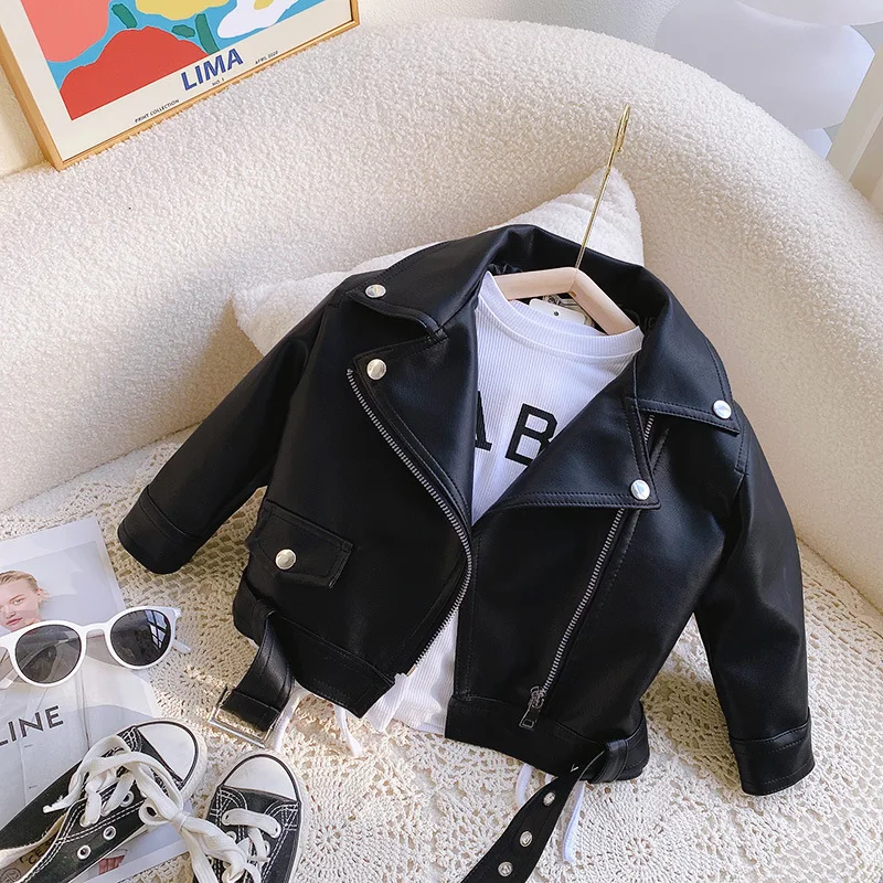 

2023 Spring Winter Fashion New Baby Kids Cool PU Leather Jacket Turn Down Collar Black Solid Boys Girls Coat Size 1-9Years