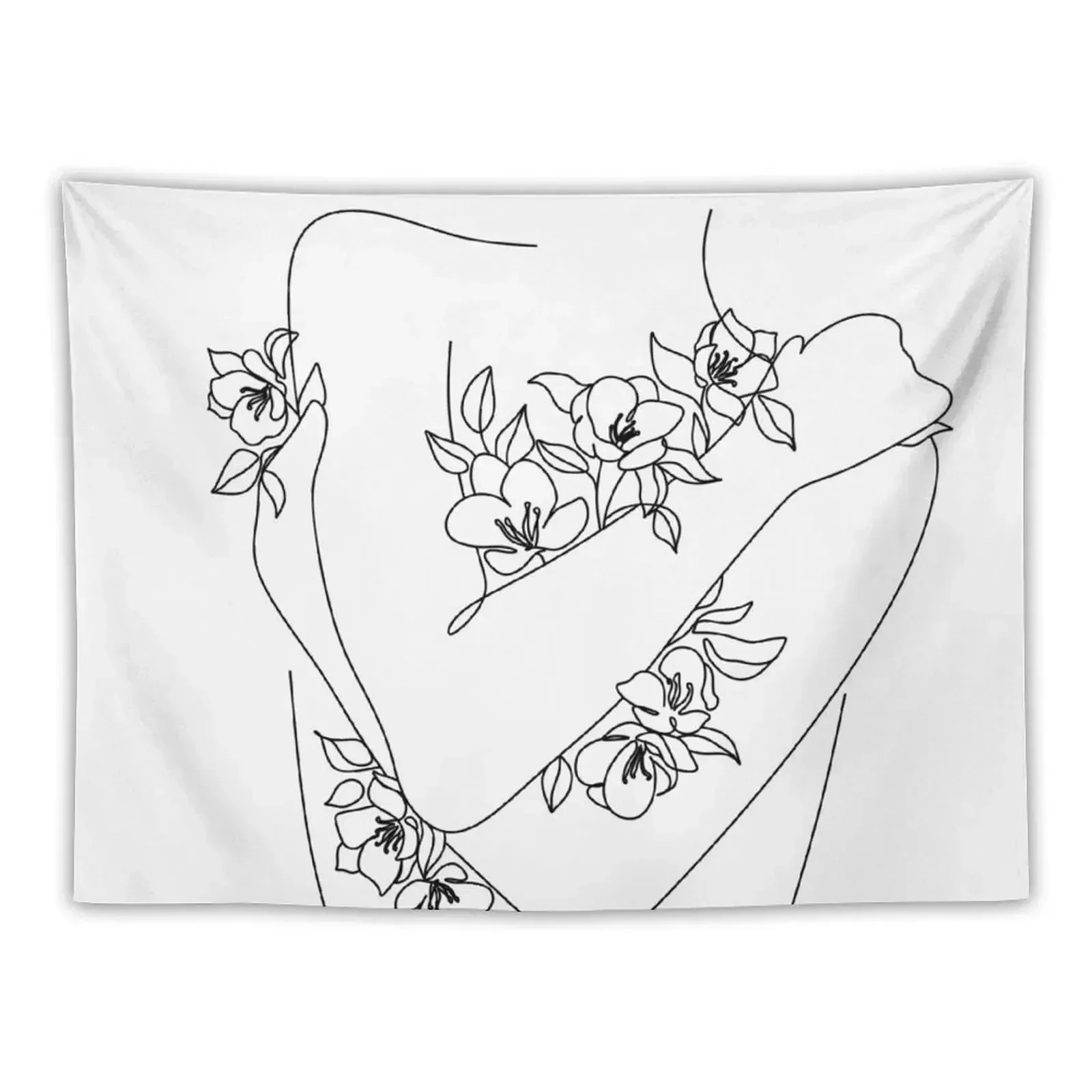 Self love. woman hugs herself, flowers grow out Line Art Print. Woman With Flowers. Nude Line Art. Tapestry