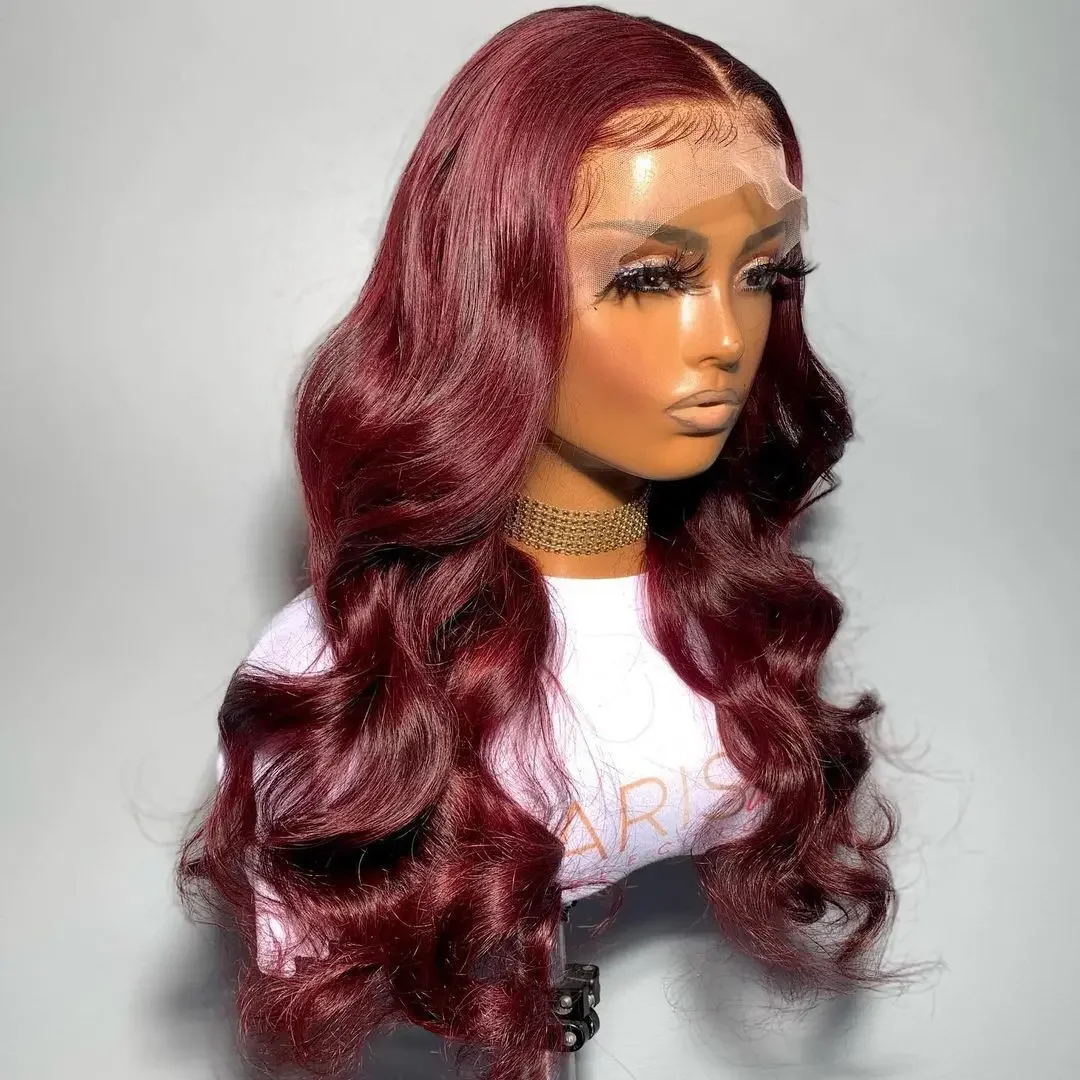 Perruque Lace Front Wig sans colle ondulée rouge vin pour femmes noires, perruque préplumée, cheveux de bébé, densité 180, degré de chaleur, longue, 26 pouces, 03/3