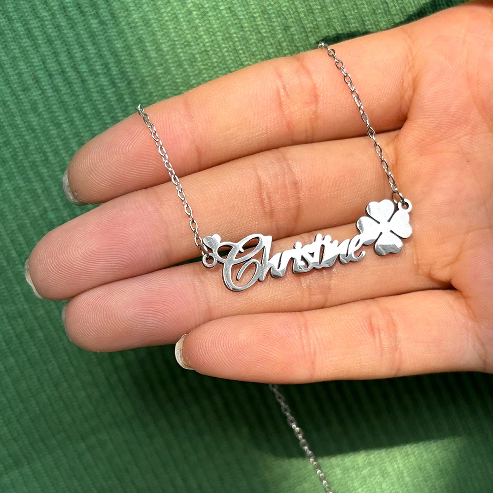 Personalized Custom Name Necklace Stainless Steel Four-Leaf Clover Peach Heart Necklace Women's Fashion Jewelry Birthday Gift