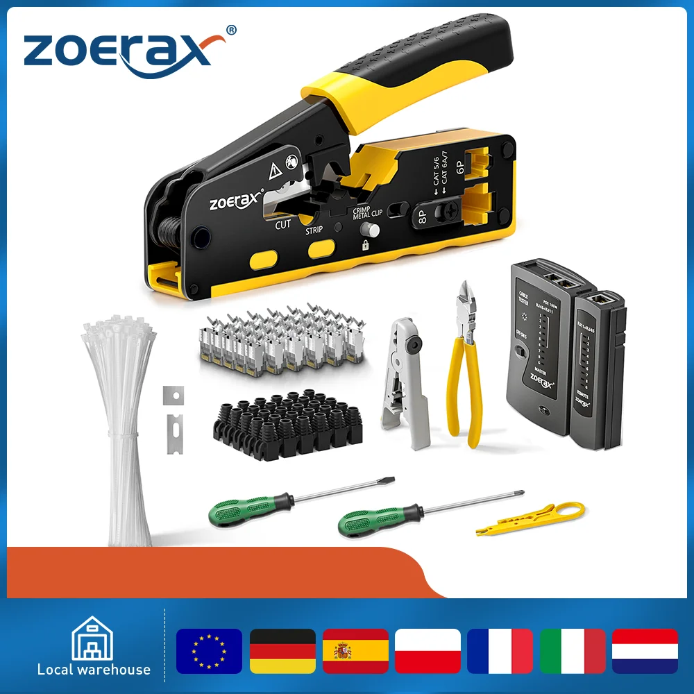 ZoeRax 11 in 1 RJ45 Cat7 Cat6A krimpgereedschapsset, kabeltester, draadknipper, messen Cat7-connectoren en laarzen Kabelbinders schroevendraaiers