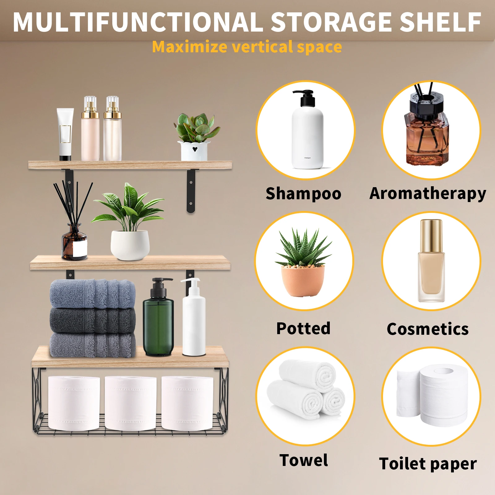 Floating Shelves Robust Wall Hanging Shelf with Storage Basket Metal Bracket Storage Shelf Multi Functional Storage Shelf
