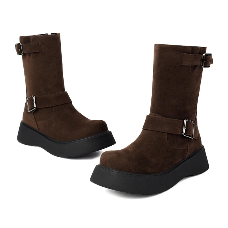 

ORCHA LISA Shoes Women Women's Mid Calf Flock Boots Brown 4cm Platform Buckles Size 41 43 Hiking Booties Style Autumn Winter