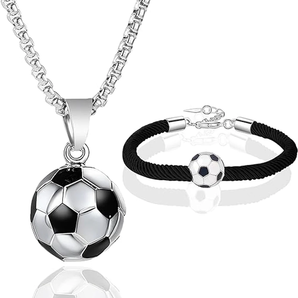 Football Stainless Steel Necklace and Bracelet, Soccer Pendant Necklace Drip Bracelets for Soccer Lovers, Couple ,Daughter ,Son