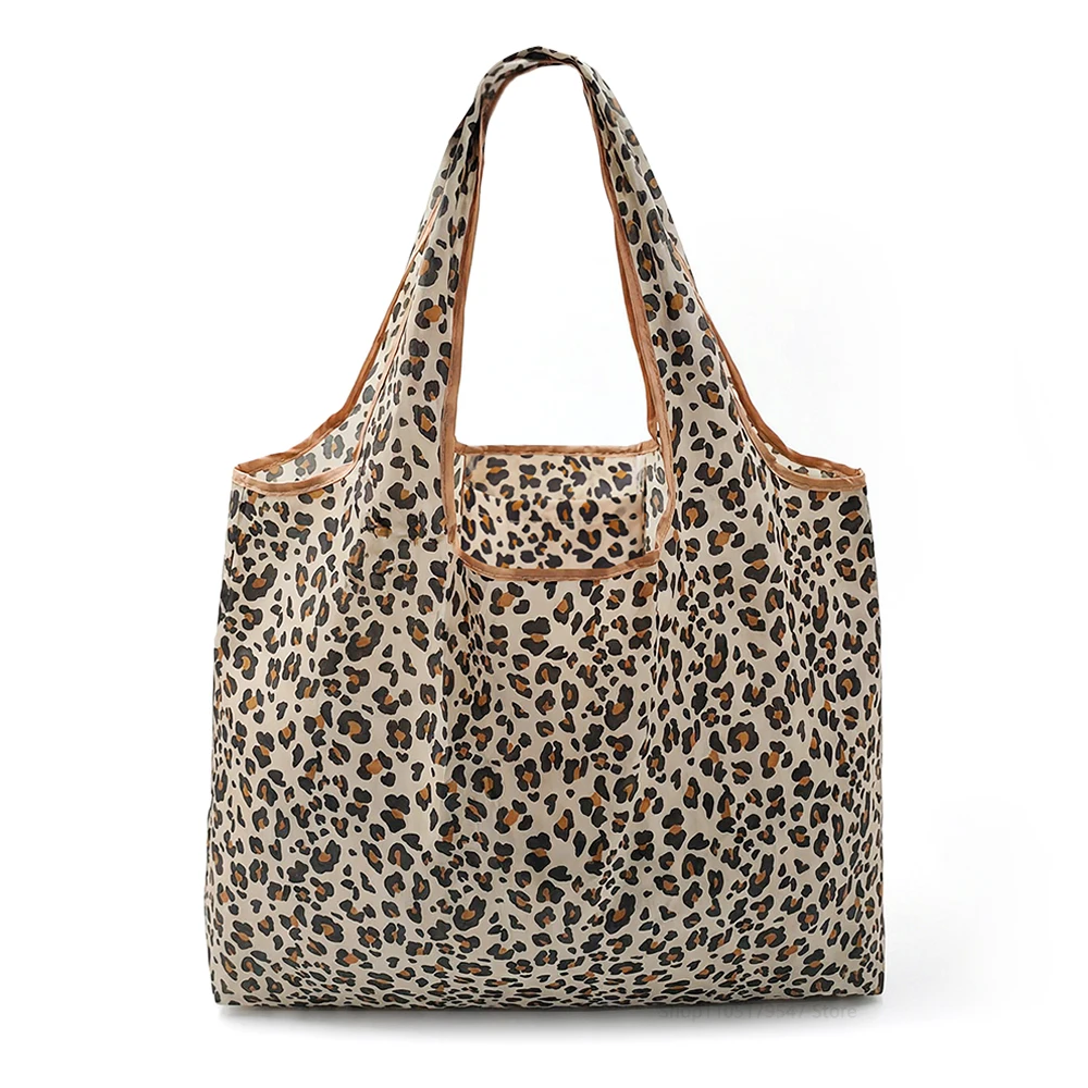 Foldable Reusable Eco Shopping Bags Leopard Print Large Capacity Grocery Tote Handbags for Women Beauty Fruit Vegetable Bags