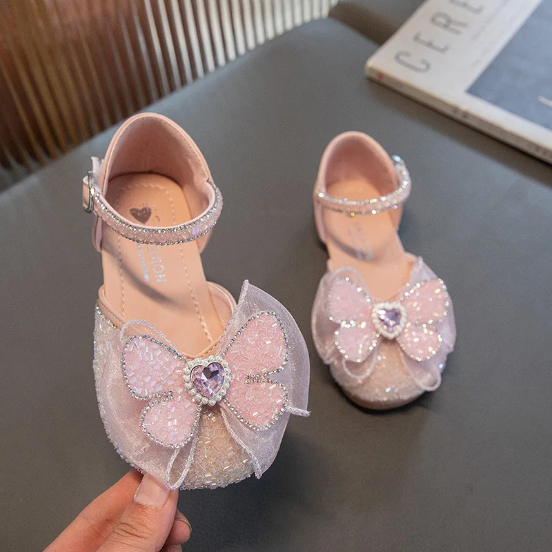 Zapatos de cuero de princesa para niñas, sandalias de moda con lazo de diamantes de imitación, talla 23 a 34, novedad de verano