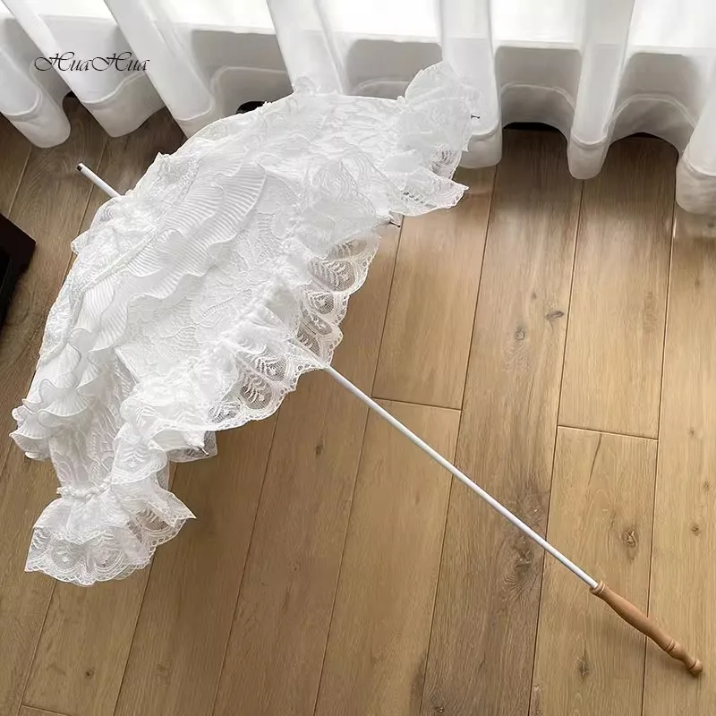 Original Lolita European Retro Vintage Lace Long Handle Antique Umbrella for Film and Television Wedding Dress Party