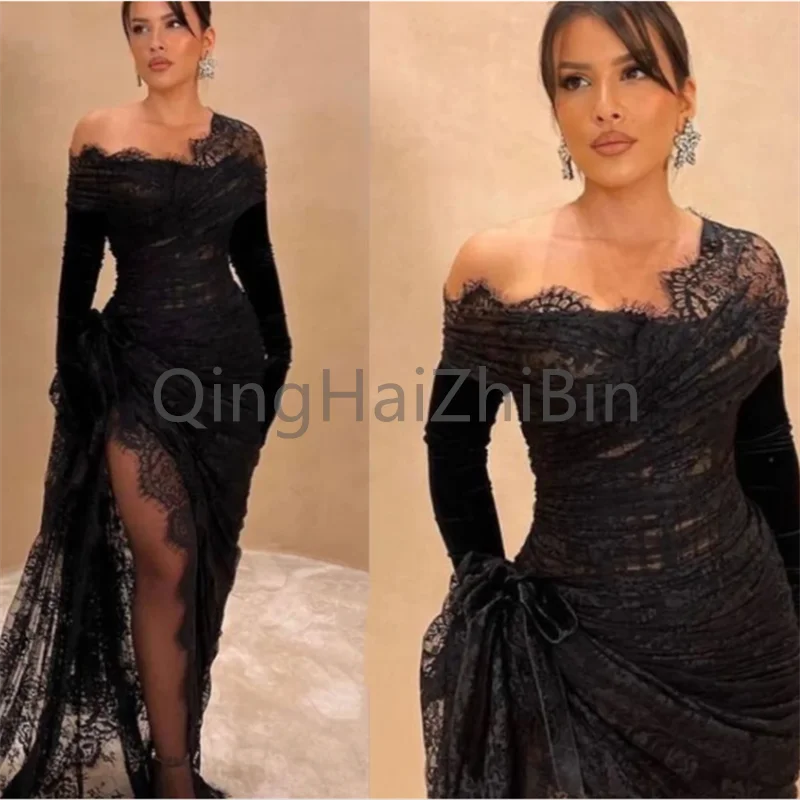 

Sexy Black Off-the-shoulder Prom Dresses Chiffon Lace Appliqued Draped Sweep Train Sheath Celebrity Party dresses