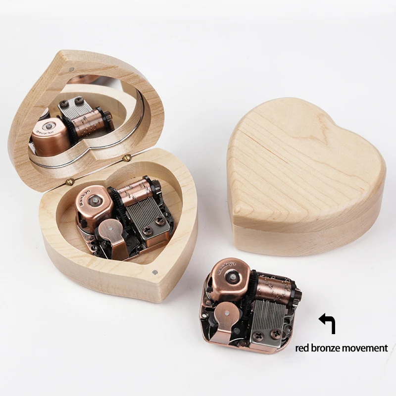 Beadsnice Wooden Music Box with Mirror Japanese Sankyo Movement Creative Love Shape Walnut Octave Box