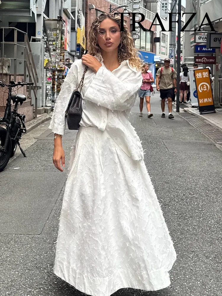 

TRAFZA Female Holiday Style Suit White Turn-Down Collar Single-Breasted Shirts+High Waist Zipper A-Line Skirts Women Skirt Sets