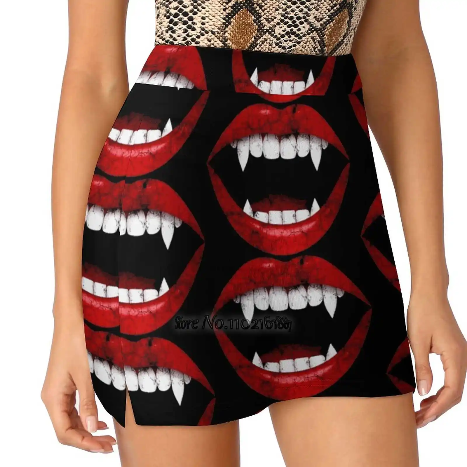 Vampire Lips Smile Halloween Costume Dracula Dresses S-4Xl Tennis Skirts Golf Fitness Athletic Shorts Skirt With Phone Pocket