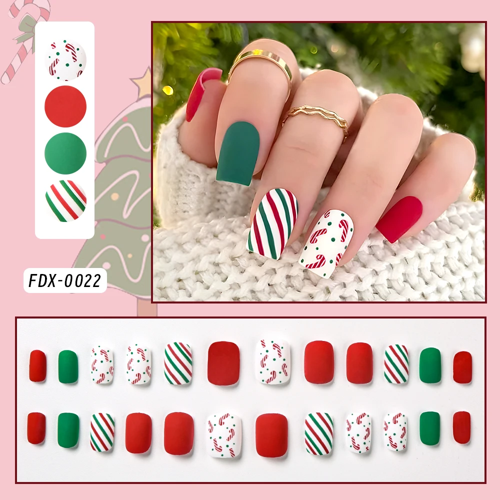 24 stuks Kerst Rood Groen Streep Druk op Nagel Mid Vierkant Kunstnagels Acryl Nagel Tip Kerst Snoep Wand Ontwerp Druk op Nagel