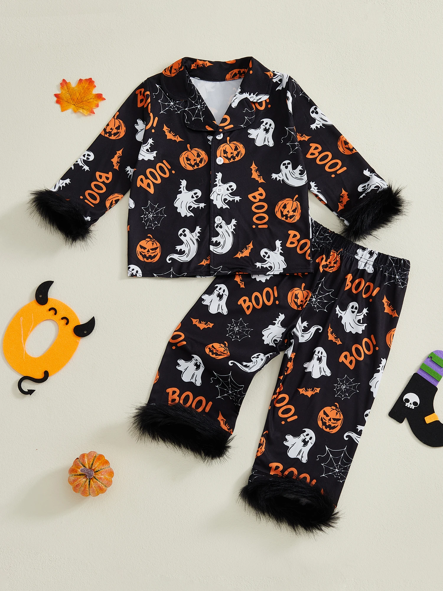 Pigiama per Halloween da ragazzo Set Top a maniche lunghe con stampa di streghe fantasma con pantaloni in vita con coulisse Indumenti da notte per i più piccoli