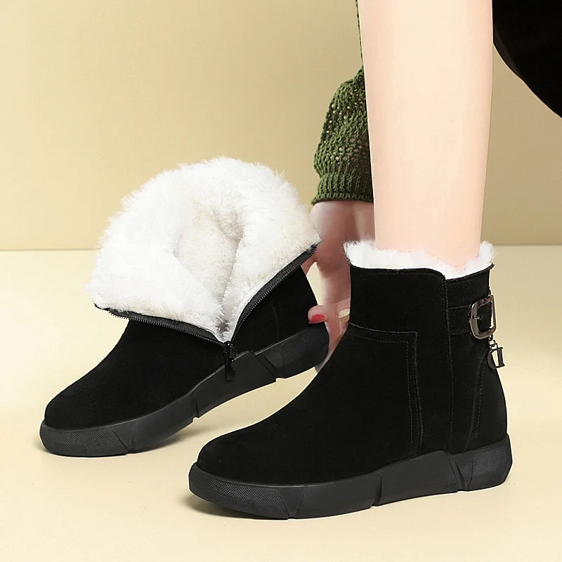 Damskie ocieplane skórzane śniegowce z futerkiem, zimowe, ciepłe, niskie, sportowe, codzienne, z gumową podeszwą i wełnianą wyściółką.