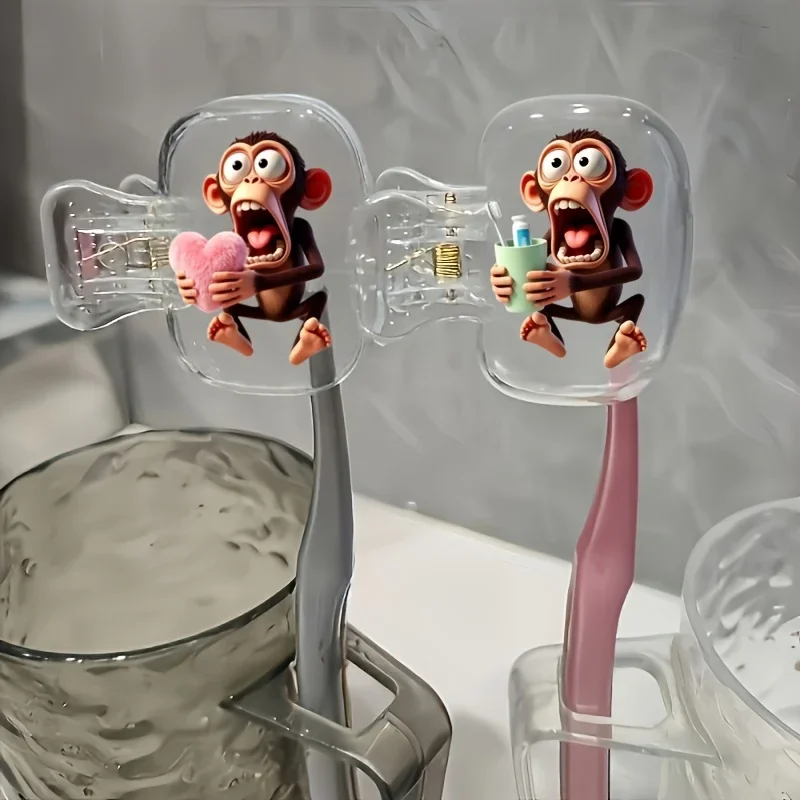 2pcs Monkey Holding a Heart and Teacup Portable Toothbrush Head Covers Must-Have Bathroom Accessory for Home and Business Travel