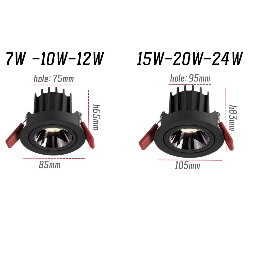 Okrągły kąt regulowany antyodblaskowy wpuszczana oprawa ledowa typu Downlight 7W 10 w12w 15 w20w 24W AC110V220V Chip sufit kuchnia salon kryty