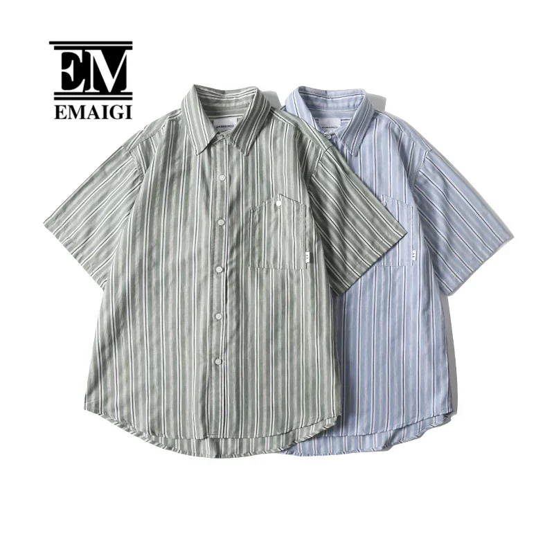 

Men Cityboy Japanese Streetwear Loose Casual Oversize Short Sleeve Stripe Cargo Shirts Man Summer Blouses Campus Boys Clothing