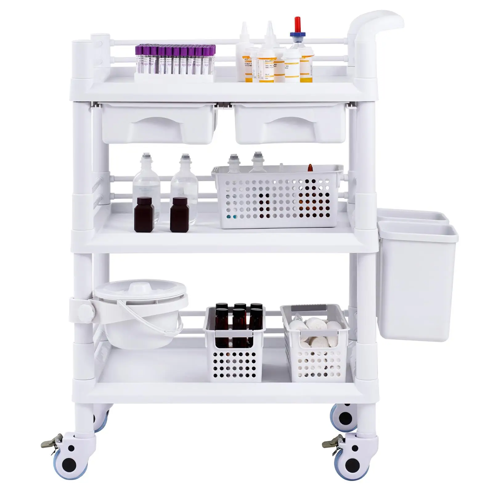 3 Tier Mobile for lab Utility Cart with 3 Trays 4 Silent Wheels and 3 Trash Bins PP Rolling Storage Trolley for Clinic Hospital Salon White