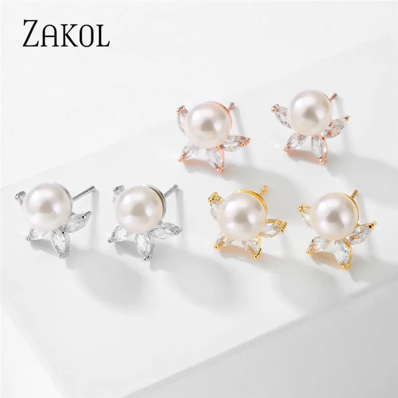 ZAKOL Classic Round Simulated Pearl Stud Earrings for Women Shinny Zirconia Crystal Bridal Wedding Party Fashion Jewelry