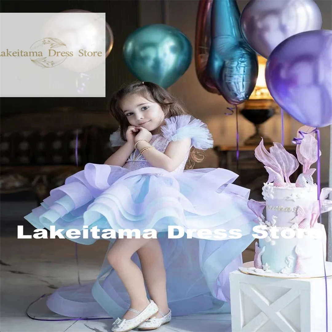 

Customization Wedding Pearls Sequins Ruffles Purple For Mermaid Kids Birthday Layered Flower Girl DressParty First Communion Go