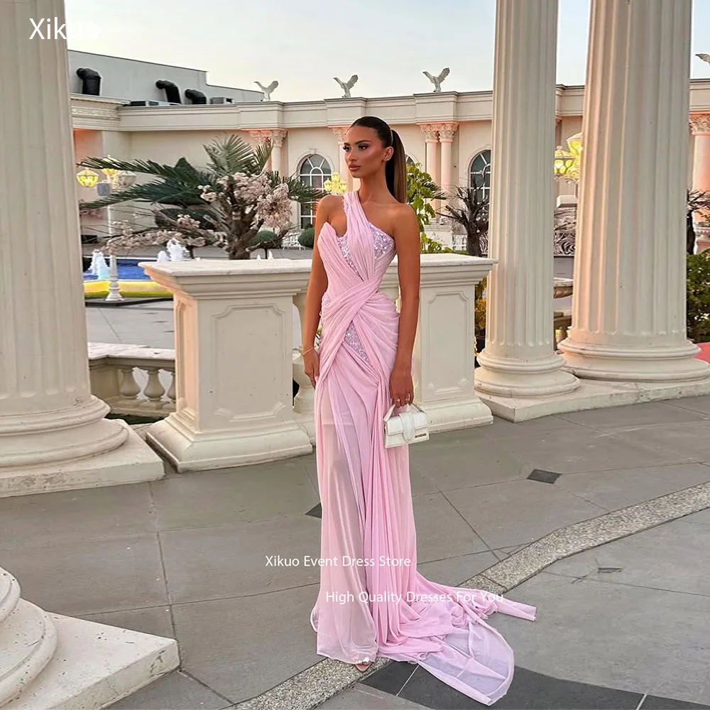 

Xikuo Sparkly Sequin Detailed Evening Gown One Shoulder Pink Chiffon Party Dresses Elegant Pleated Vestidos De Fiesta Customized