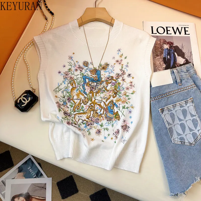 2023 Summer Embroidery Knitted Vest Women Vintage Pullovers Sleeveless Sweater Vests O-Neck  Knitted Tank Crop Top Y2k Jumpers