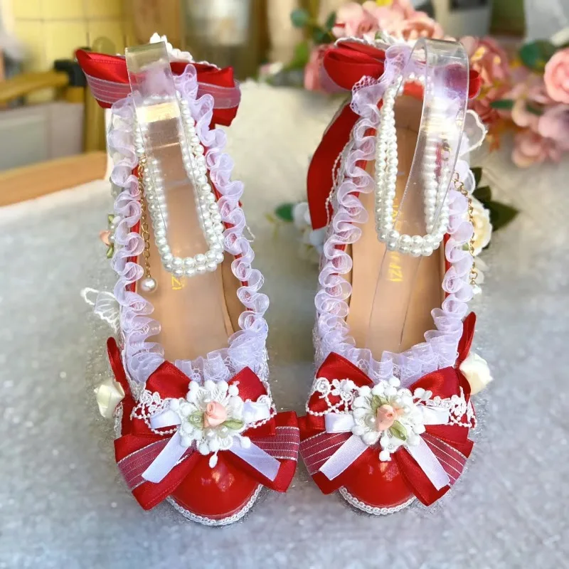 Original Lolita Handmade Gorgeous Flower Wedding Elegant Round Head High Heels Ancient Style Hanfu Womens Shoes Pink Pumps