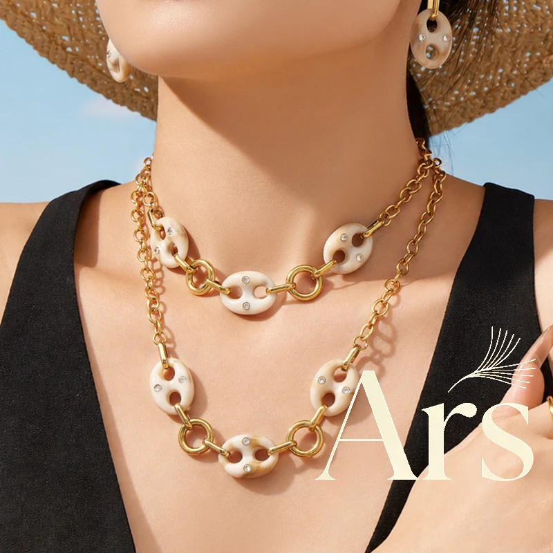 Ars 18K Gold Plated Stainless Steel Necklace for Women Resin Mariner Pig Nose Chain Necklaces with Zircon Statement Jewelry