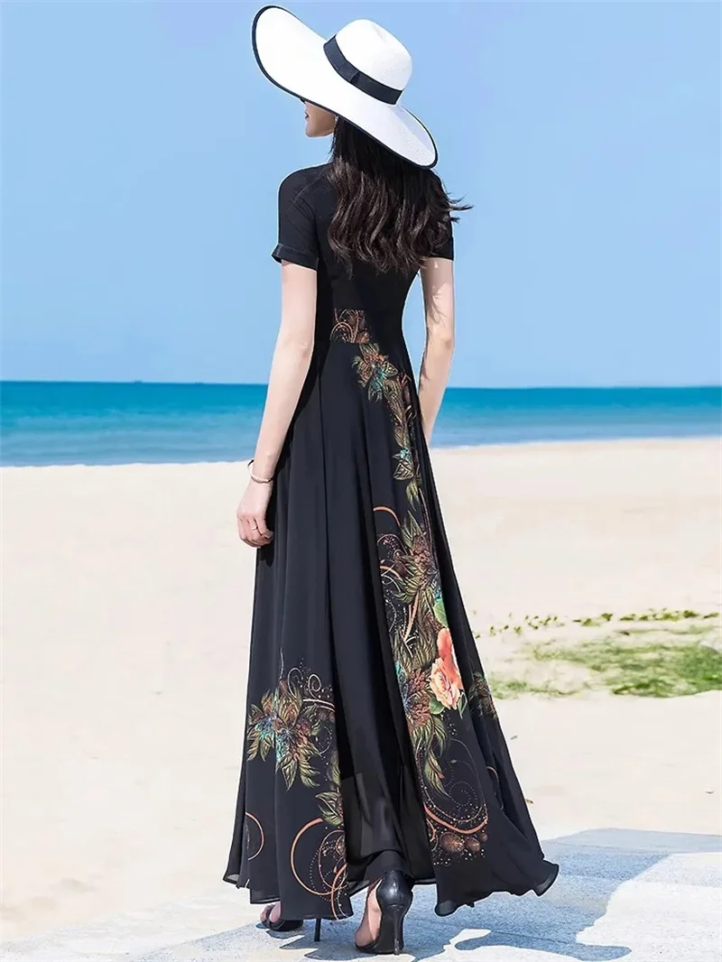 Elegant Summer Dress Short Sleeve High End fake Two-Piece Dress 2025 New Fashion Print Slim Fit And Slimming To Ankle Long Skirt