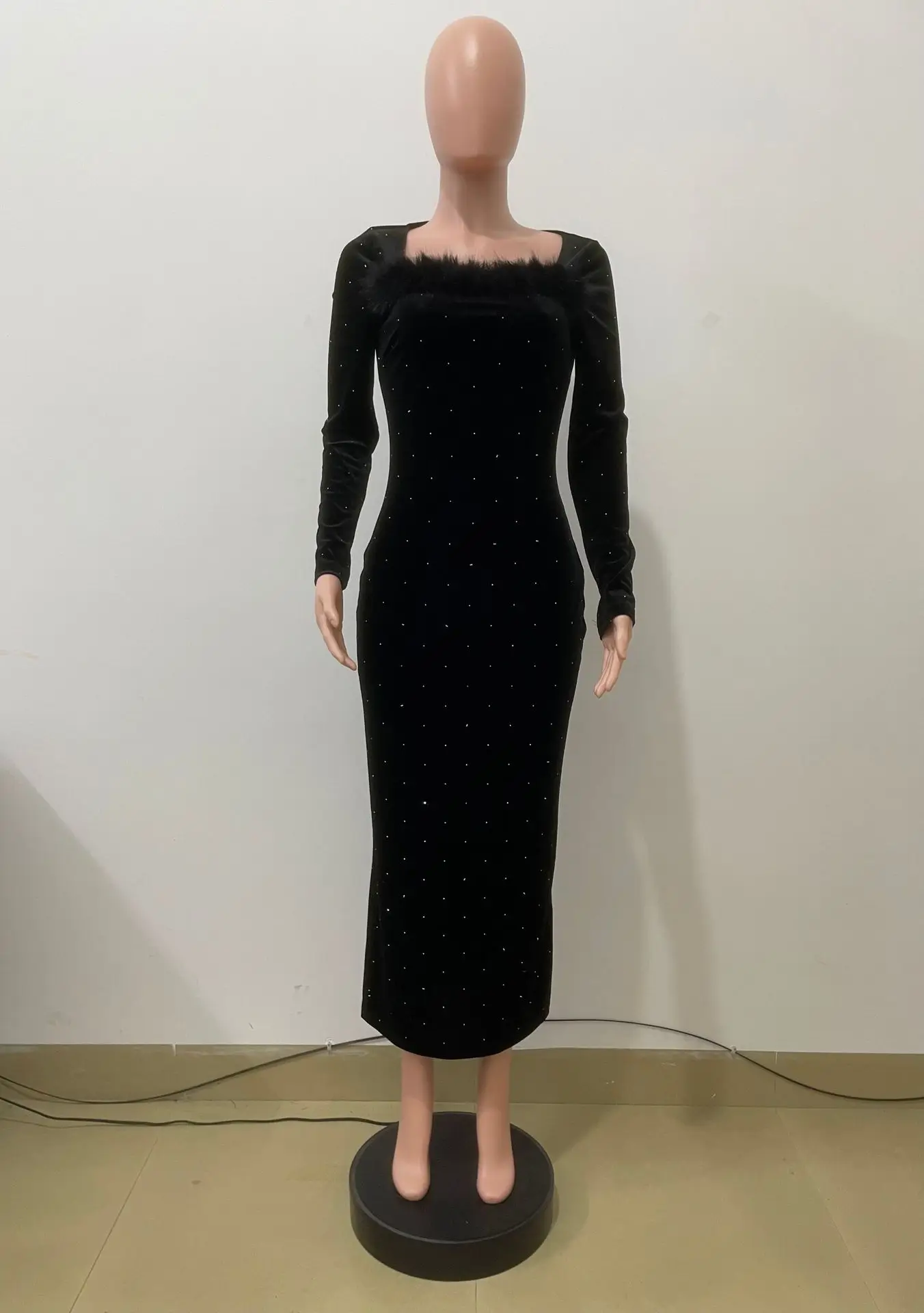 Y6071 الخريف/الشتاء الوافدين الجدد المرأة الأوروبية موضة فستان طويل مع كامل حجر الراين الترتر ساحة الرقبة الخصر مقصوص الجسم #1