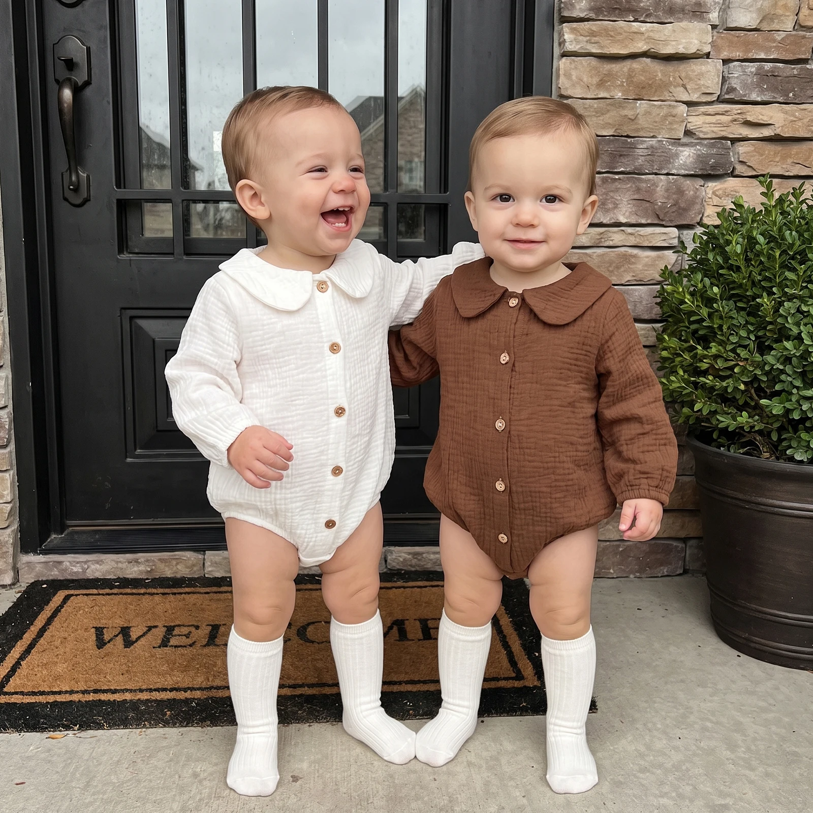 2027 Early Autumn Toddler Baby Solid-Color Cotton-Linen Collared Single-Breasted Jumpsuit Long-Sleeve Loose-Fit Casual Rompers