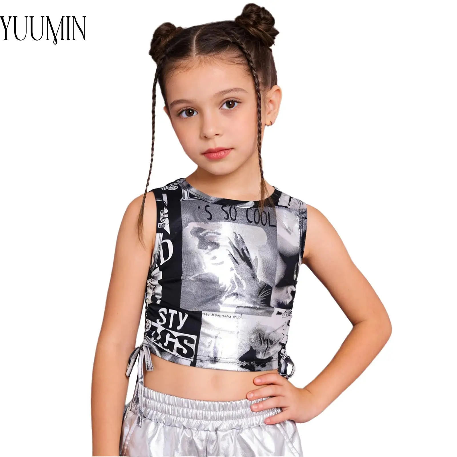 

Топы для джазовых танцев для девочек, детский костюм для выступлений в стиле хип-хоп, стильный жилет без рукавов с принтом, пайетками и бахромой, танцевальная одежда