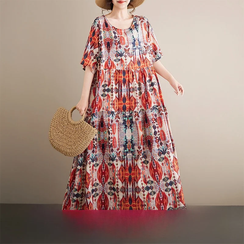 

Новое летнее платье больших размеров в богемном стиле из хлопка и льна, свободного кроя, с круглым вырезом, А-силуэта, винтажное, для мам, для прогулок по городу, с коротким рукавом