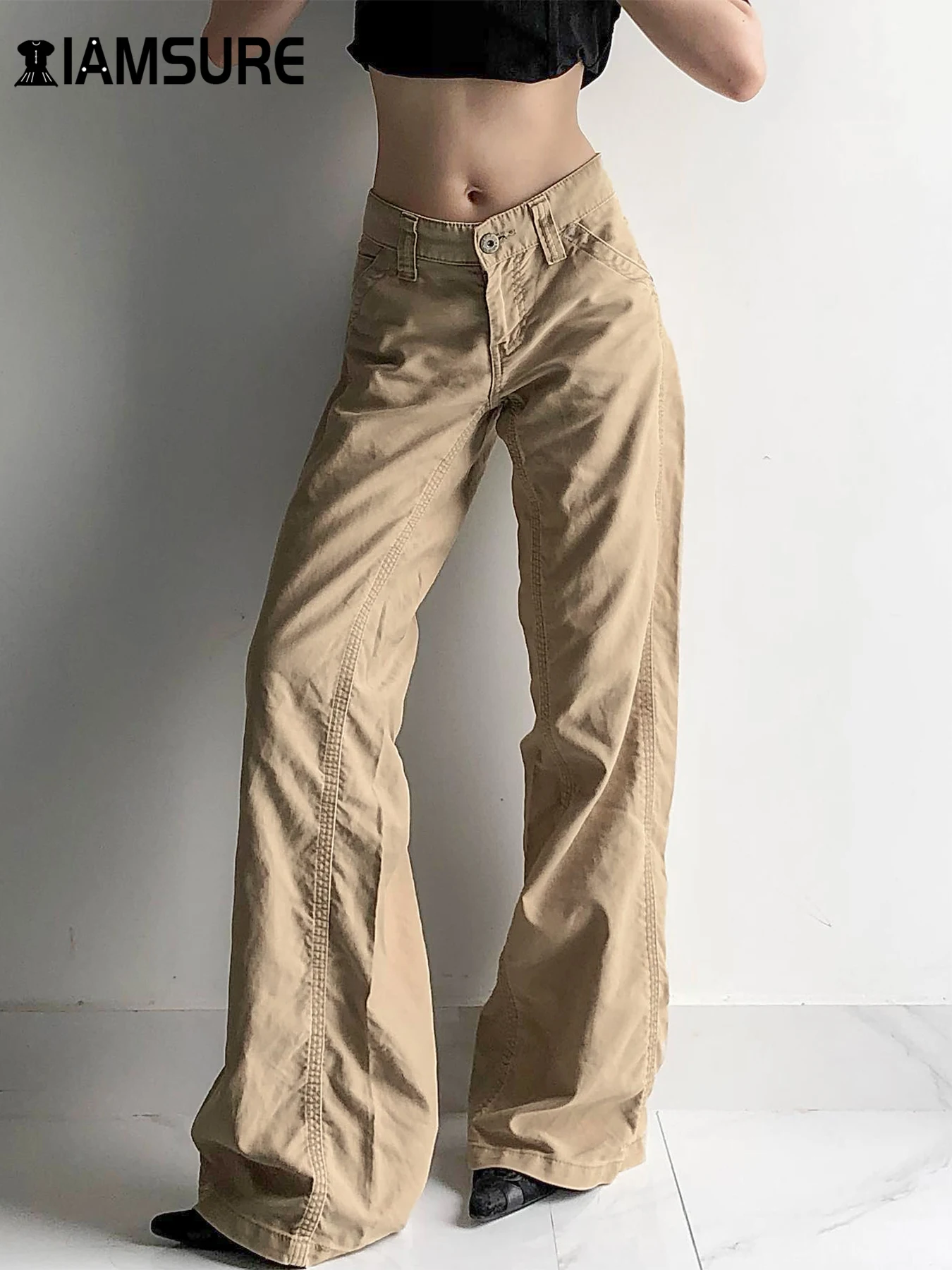 

IAMSURE Casual Solid Folds Straight Cargo Pants Safari Style Loose Mis-Waisted Wide Leg Pants Women 2024 Summer Streetwear Lady