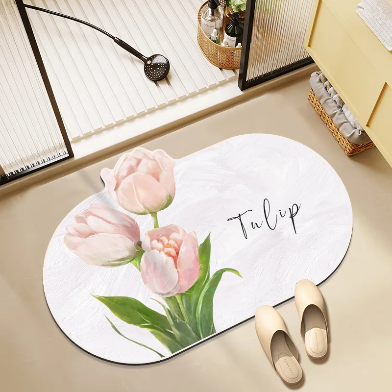 

New Thickened Bathroom Mat Oil Painting Flower Shaped Toilet Floor Rug Absorbent Quick Dry Non Slip Entrance Soft Pad