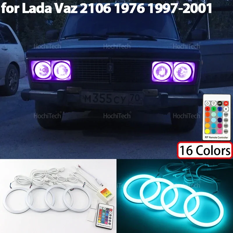 

16-цветная RGB хлопковая светодиодная фара с кольцевыми лампами «ангельские глазки» с дистанционным управлением для Lada Vaz 2106 1976 1997 1998 1999 2000 2001