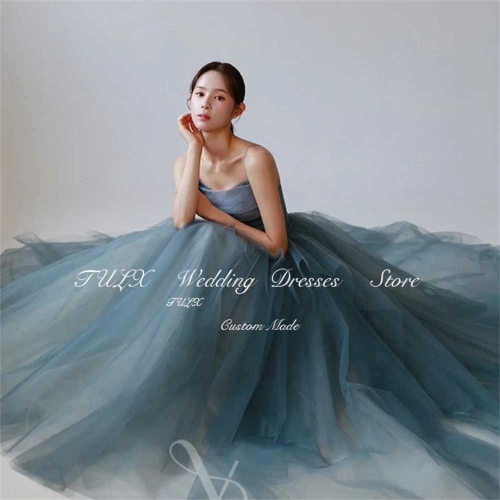 TULX Fairy Blue Tulle Evening Dress Korea Wedding Photo Shoot Dresses Straps Bridal Gowns Evening Party Dress Corset Back Custom