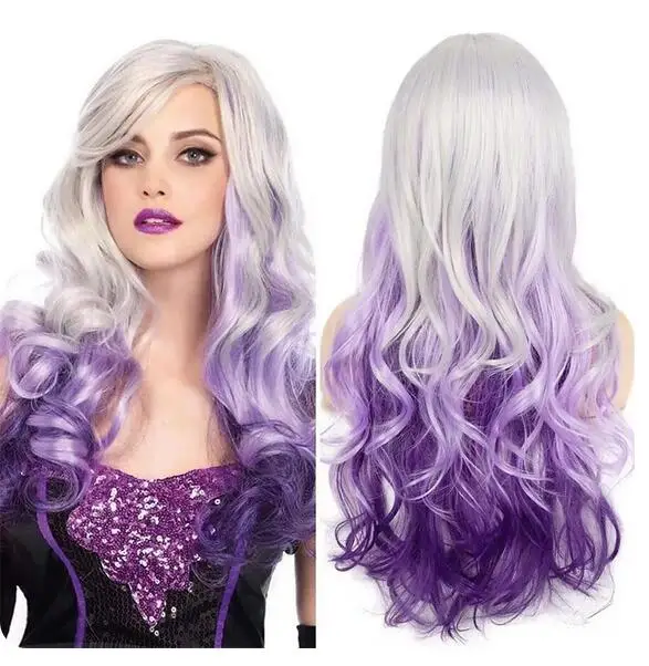 Peruca longa encaracolada para mulheres, cabelo sintético, cabelo ondulado, cinza prateado a roxo, parte lateral, perucas cosplay, Halloween