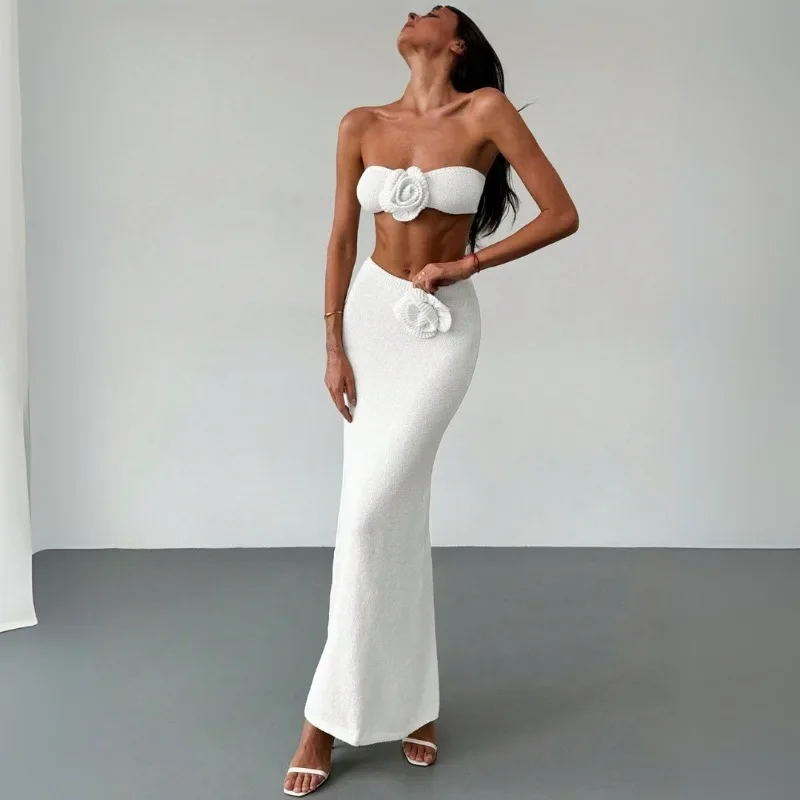 

3D Flowers Knitted 2 Piece Set Women Summer Strapless Crop Tops + Bodycon Maxi Skirts Vacation Beach Dress Suits Bohemian Outfit